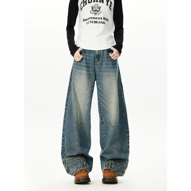 艾梵斯贝 美式复古潮流做旧水洗解构拼接弯刀裤小众设计感无性别潮酷时尚街头日常通勤百搭高街风个性休闲牛仔裤 男女同款