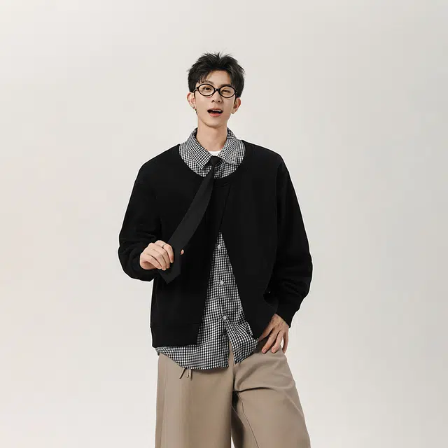 艾梵斯贝 美式复古潮流假两件拼接小众设计款层次感无性别日常通勤百搭宽松休闲时尚高级感潮酷个性街头文艺风情侣款卫衣 男女同款