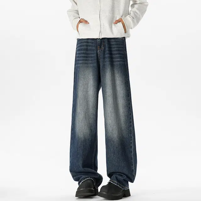 艾梵斯贝 美式复古潮流经典做旧水洗简约设计垂感拖地无性别主义高街风日常通勤百搭宽松直筒休闲牛仔裤 男女同款