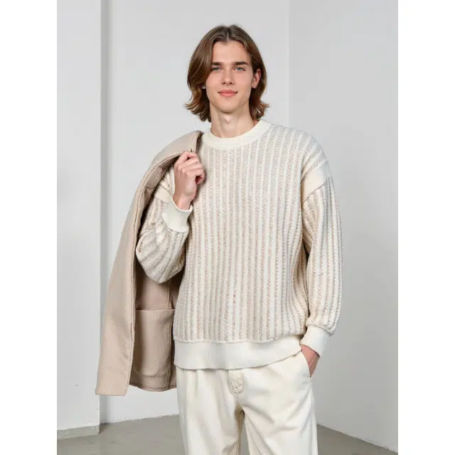 艾梵斯贝 高端轻奢复古潮流竖条纹简约风日常通勤百搭宽松休闲时尚商务高级感法式慵懒风学院内搭圆领毛衣 男款