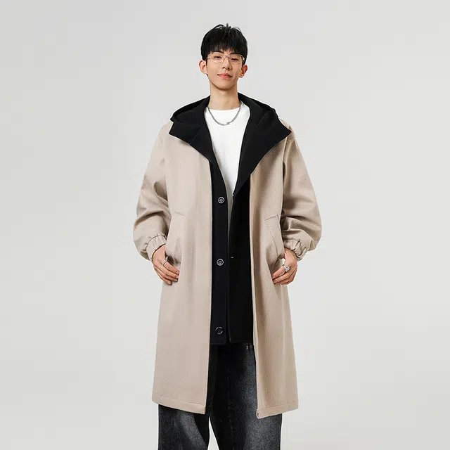艾梵斯贝 高品质轻奢假两件层次感时尚简约纯色拼接设计款连帽休闲商务绅士日常通勒百搭英伦风单排扣中长款情侣款大衣 男女同款