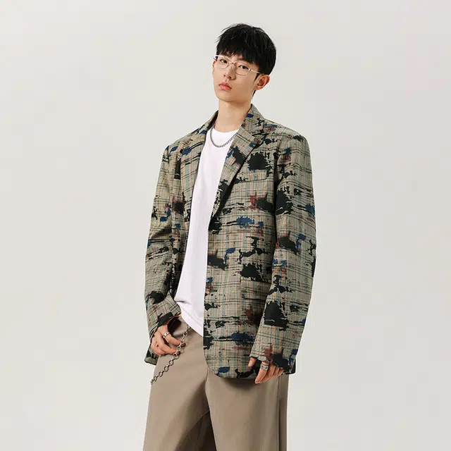 艾梵斯贝 美式复古潮流满印涂鸦印花简约个性设计款高级感日常通勤百搭高街风潮牌宽松休闲时尚质感外套西装 男款