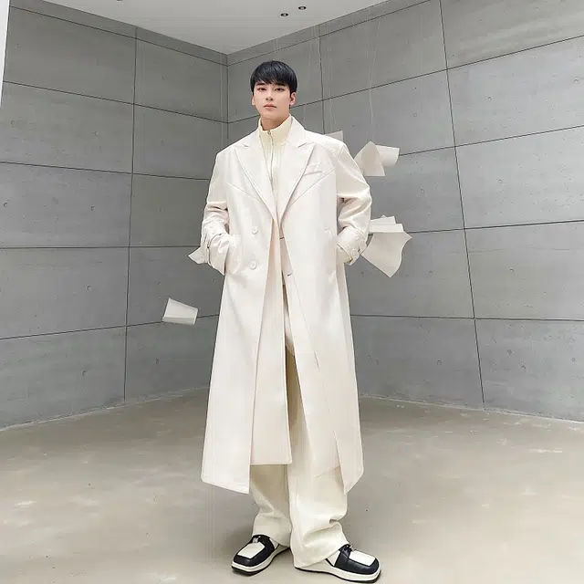 艾梵斯贝 高品质轻奢设计款时尚简约纯色高级感精致韩风休闲商务绅士日常通勒百搭英伦风单排扣垫肩过膝长款情侣款大衣 男女同款