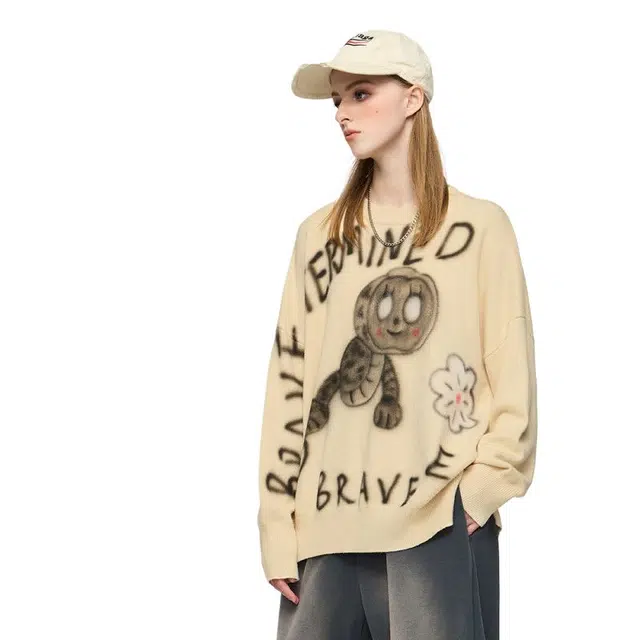 艾梵斯贝 美式复古潮流卡通毛毛虫喷绘毛衣高级感无性别日常通勤百搭质感法师慵懒风潮牌宽松休闲圆领卫衣 男女同款