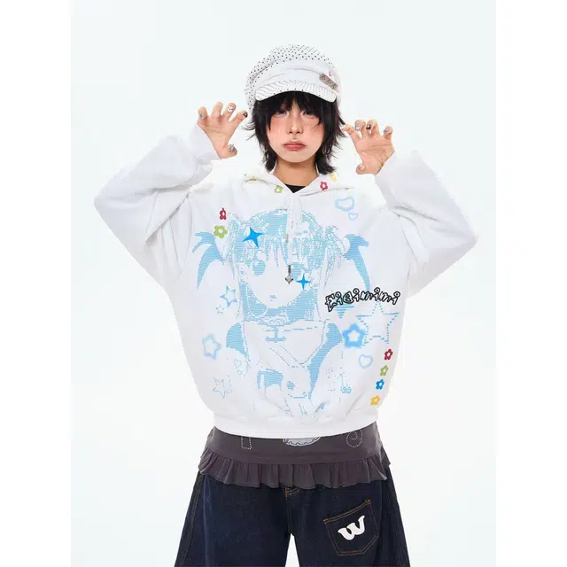 艾梵斯贝 卡通美式复古潮流动漫人物印花立体装饰小众设计感无性别主义甜酷风日常通勤百搭个性高街风可爱休闲连帽卫衣 男女同款