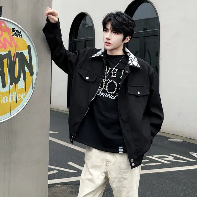 艾梵斯贝 美式复古工装潮流小众设计感蛇纹翻领潮酷个性街头无性别日常通勤百搭高街风痞帅暗黑高级感休闲夹克 男女同款