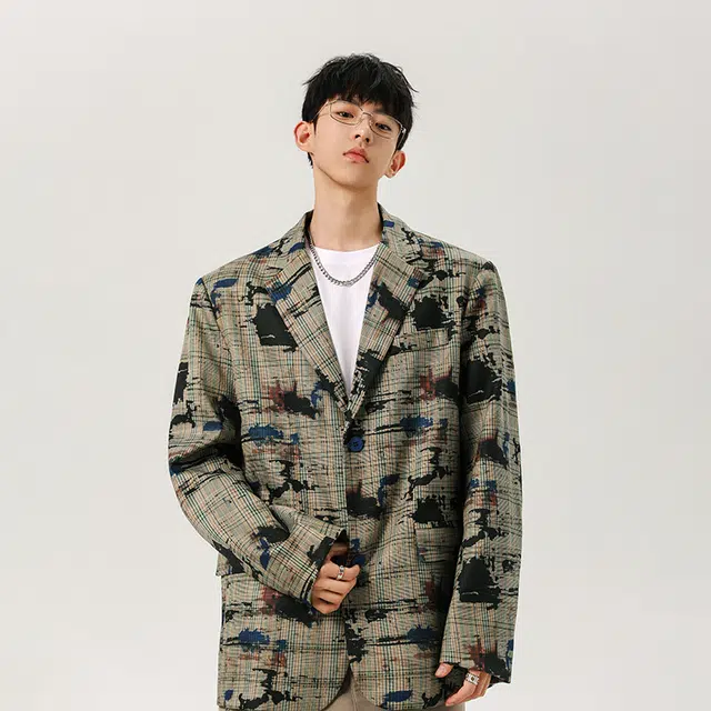 艾梵斯贝 美式复古潮流满印涂鸦印花简约个性设计款高级感日常通勤百搭高街风潮牌宽松休闲时尚质感外套西装 男款