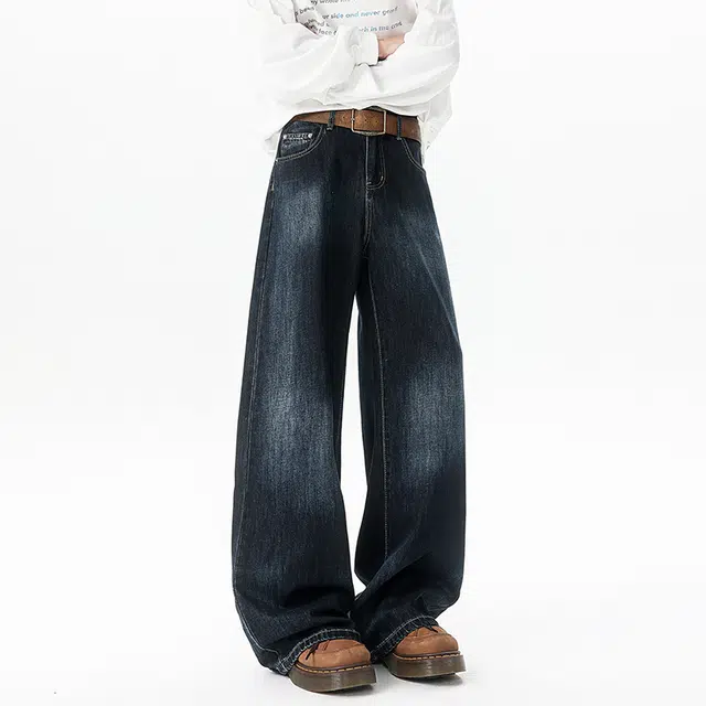 艾梵斯贝 美式复古潮流做旧水洗简约设计感无性别主义高街风日常通勤百搭宽松舒适休闲直筒牛仔裤 男女同款