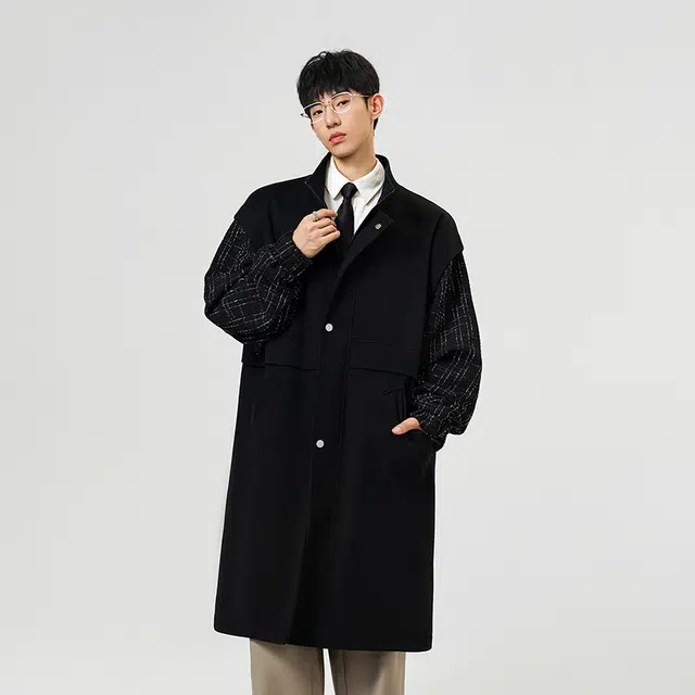 艾梵斯贝 轻奢高级感毛呢外套小香风设计感拼接袖宽松中长款潮流日常休闲商务百搭简约大气气质穿搭春秋大衣 男女同款