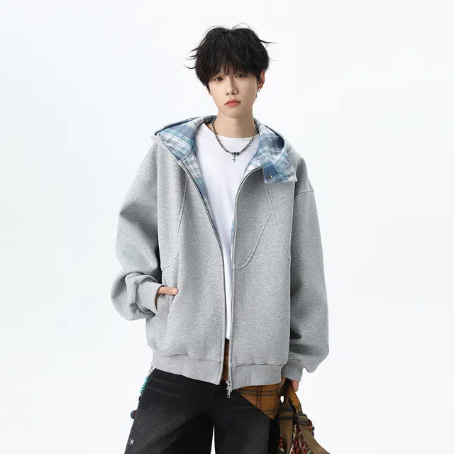 艾梵斯贝 美式复古潮流重磅格子拼接简约设计款无性别日常通勤百搭高级感宽松休闲时尚高街风潮酷情侣款卫衣 男女同款