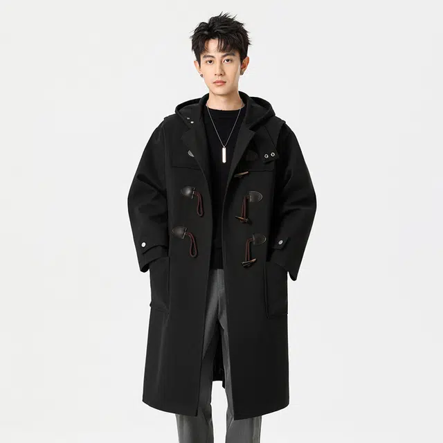 艾梵斯贝 品质轻奢高级感牛角扣长款过膝连帽宽松休闲商务简约时尚百搭气质无性别情侣毛呢大衣 男女同款