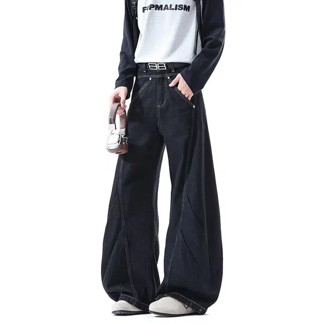 艾梵斯贝 美式复古潮流拼接解构小众设计款无性别高级感日常通勤百搭个性街舞嘻哈街头高街风休闲时尚弯刀直筒加长牛仔裤 男女同款