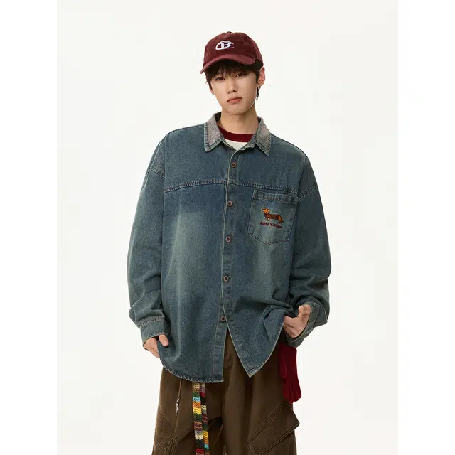 艾梵斯贝 美式复古潮流腊肠狗刺绣拼接水洗翻领小众设计款无性别日常通勤百搭宽松休闲时尚高级感衬衫牛仔外套 男女同款