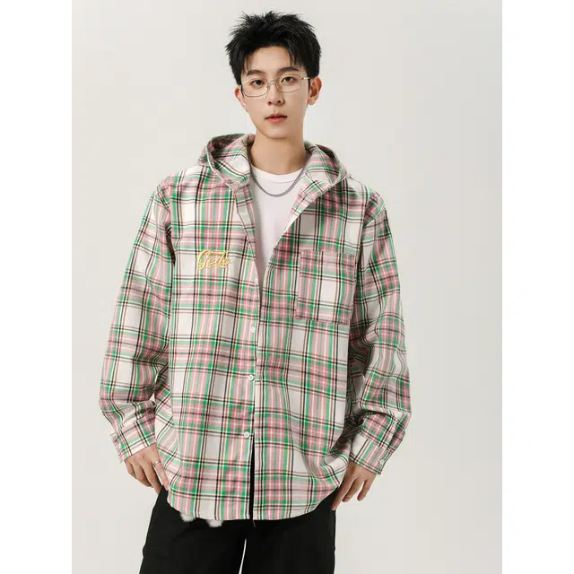 艾梵斯贝 美式复古潮流格纹撞色连帽开衫高级感简约设计款无性别主义法式慵懒风日常通勤百搭宽松休闲长袖衬衫 男女同款