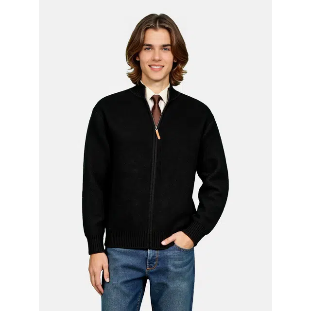 艾梵斯贝 立领高端轻奢美式复古潮流纯色青年学院风日常通勤百搭宽松休闲时尚商务高级感法式慵懒风简约气质拉链开衫毛衣 男款