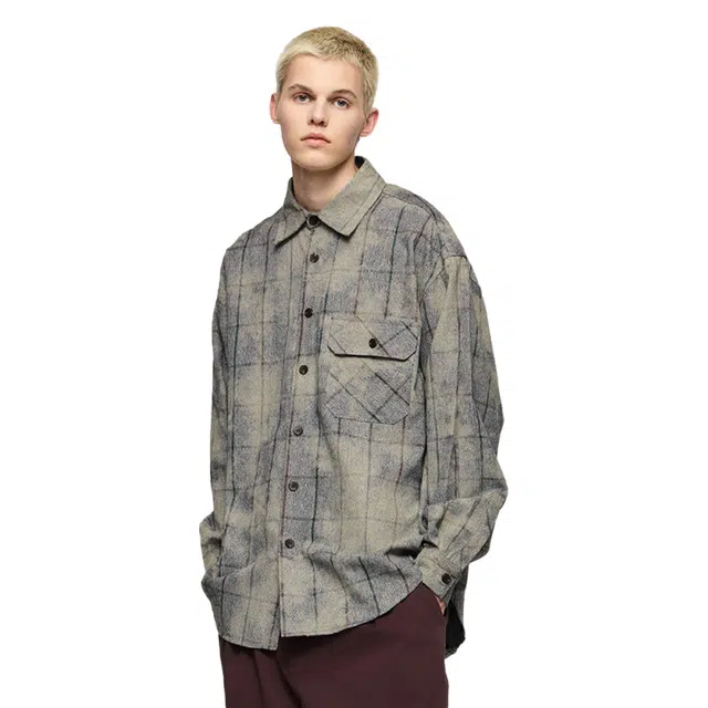 艾梵斯贝 美式复古潮流蜡染格纹小众设计款日常通勤百搭高级感正式职场休闲商务质感美学潮牌长袖衬衣衬衫 男款