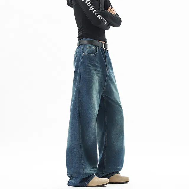 艾梵斯贝 美式复古潮流做旧水洗小众设计感无性别高级感日常通勤个性街舞潮酷高街风时尚街头宽松休闲微喇牛仔裤 男女同款