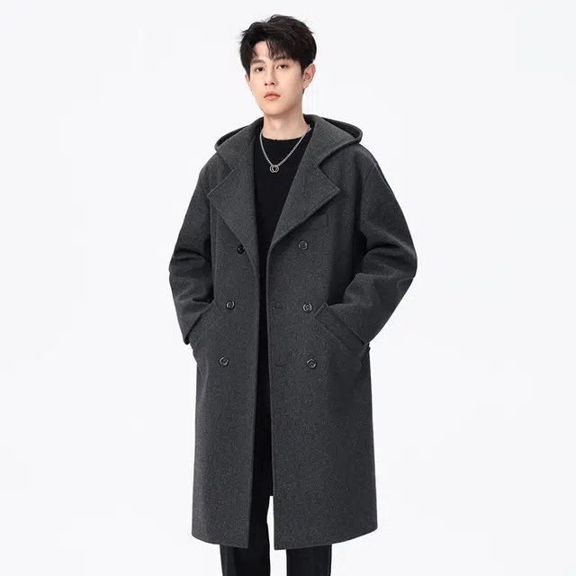 艾梵斯贝 高品质轻奢御寒时尚简约纯色休闲商务绅士日常通勒百搭英伦风单排扣过膝中长款连帽情侣款大衣 男女同款