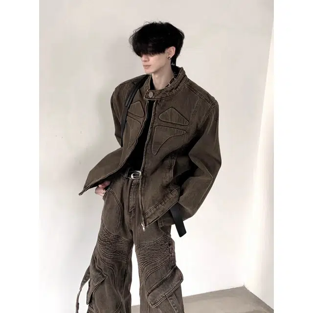 艾梵斯贝 美式复古潮流小众设计款无性别废土风美拉德水洗做旧牛仔垫肩外套日常通勤百搭宽松休闲时尚高级感夹克 男女同款