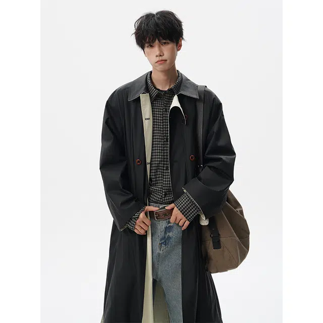 艾梵斯贝 美式复古潮流正反两面穿麂皮绒格纹拼接长款过膝英伦风小众设计款无性别日常通勤百搭高级感简约气质情侣款风衣 男女同款
