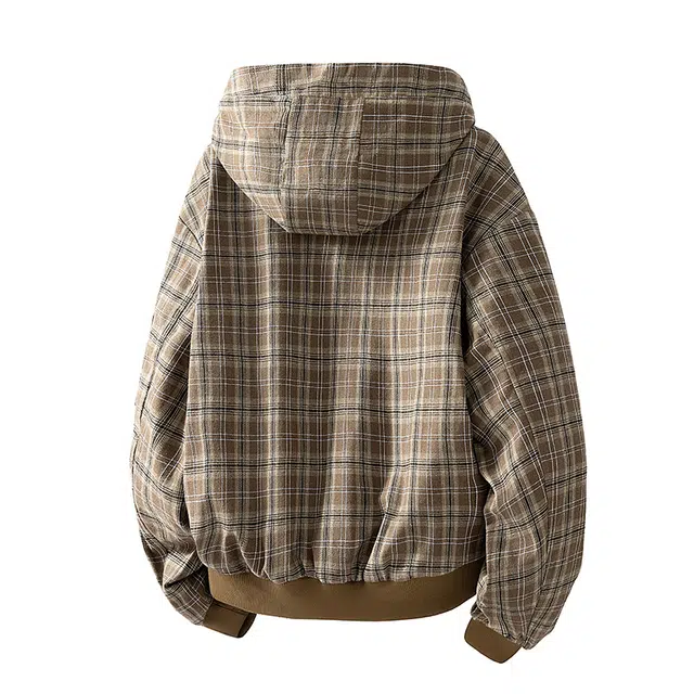 艾梵斯贝 美式复古潮流格纹中古简约设计款日常通勤百搭潮酷高级感宽松休闲时尚工装风连帽开衫夹克 男款