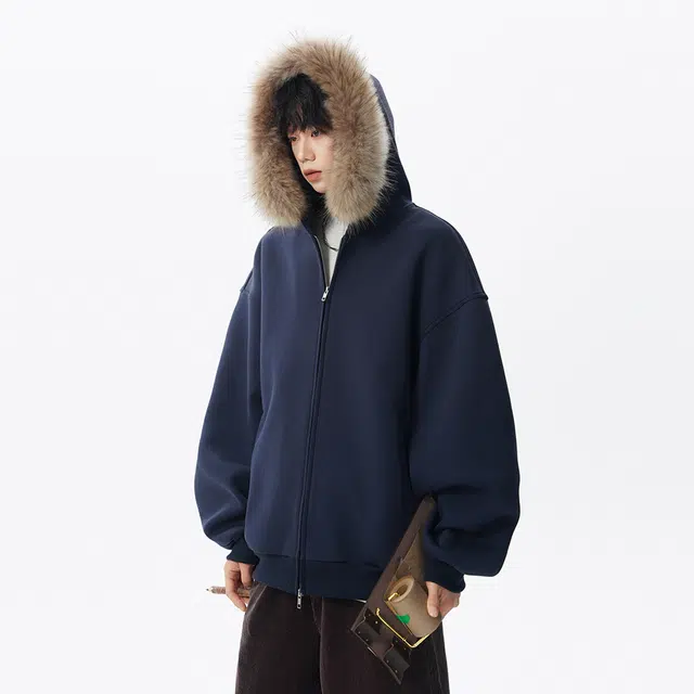 艾梵斯贝 美式复古潮流重磅简约设计连帽拉链开衫毛领学院风时尚宽松休闲日常通勤百搭高街潮酷慵懒风座山雕高级感卫衣 男女同款