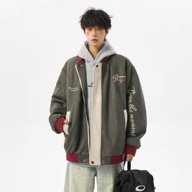 艾梵斯贝 美式复古潮流字母绣花拼接立领棒球服潮酷无性别日常通勤百搭高级感宽松休闲时尚高街风情侣款夹克 男女同款