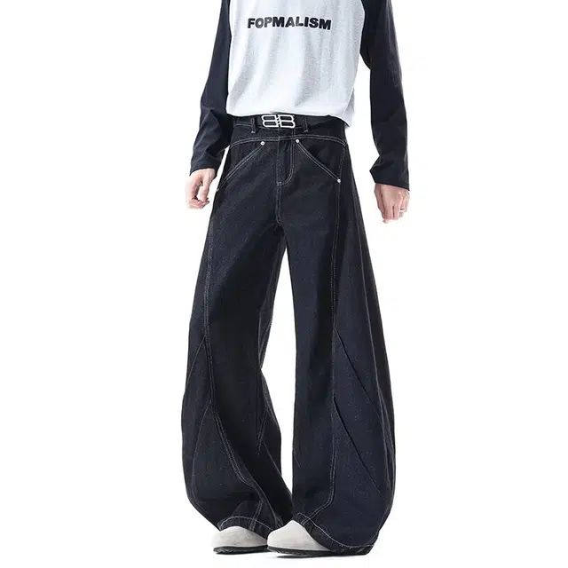 艾梵斯贝 美式复古潮流拼接解构小众设计款无性别高级感日常通勤百搭个性街舞嘻哈街头高街风休闲时尚弯刀直筒加长牛仔裤 男女同款