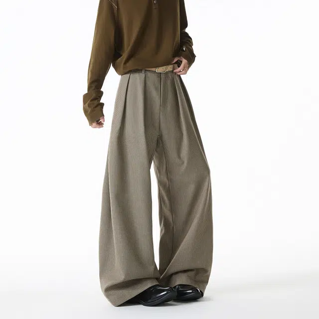 艾梵斯贝 美式复古潮流千鸟格简约设计款无性别主义日常通勤百搭高级感时尚高街法式慵懒风垂感阔腿西裤休闲裤 男女同款