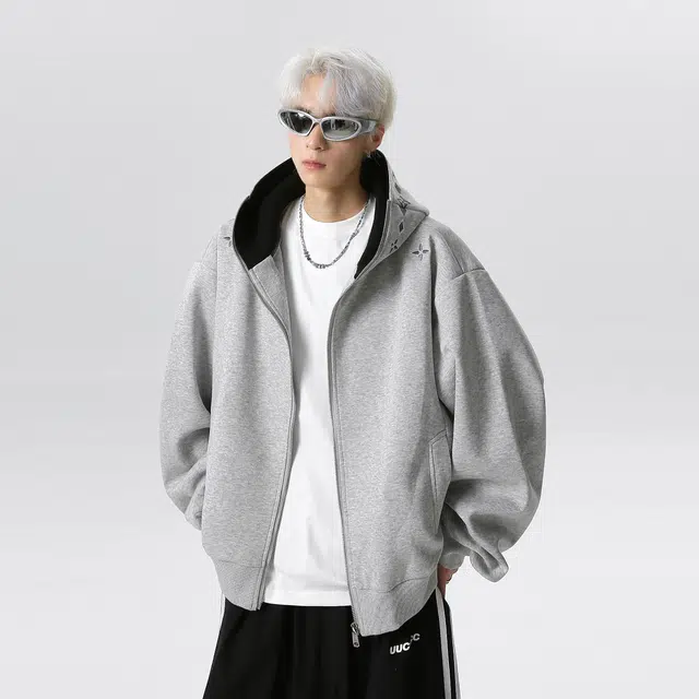 艾梵斯贝 美式复古潮流重工刺绣工艺简约设计款无性别高级感日常通勤百搭高街风连帽拉链开衫卫衣 男女同款