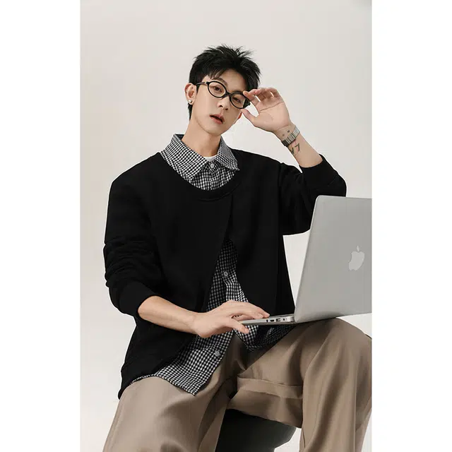 艾梵斯贝 美式复古潮流假两件拼接小众设计款层次感无性别日常通勤百搭宽松休闲时尚高级感潮酷个性街头文艺风情侣款卫衣 男女同款