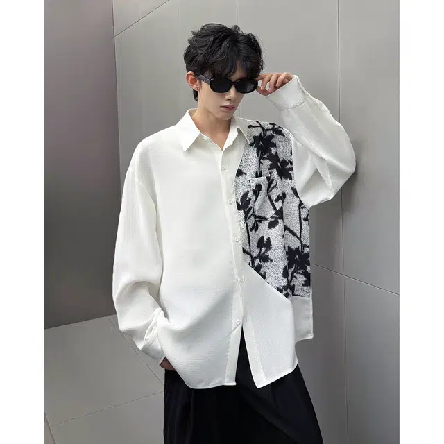 艾梵斯贝 美式复古潮流中古花卉印花拼接小众设计感无性别潮酷高级感日常通勤百搭宽松休闲商务长袖衬衫 男女同款