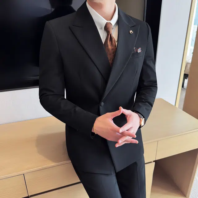 艾梵斯贝 高端轻奢纯色简约韩版轻熟一粒扣高级感修身休闲商务正装婚服礼服气质高品质职场约会绅士三件套西装套装 男款