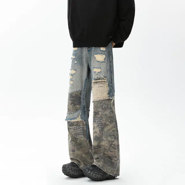 艾梵斯贝 美式复古潮流迷彩拼接破洞做旧重工设计感无性别日常通勤百搭个性街头高街风潮酷宽松休闲直筒高级感牛仔裤 男女同款