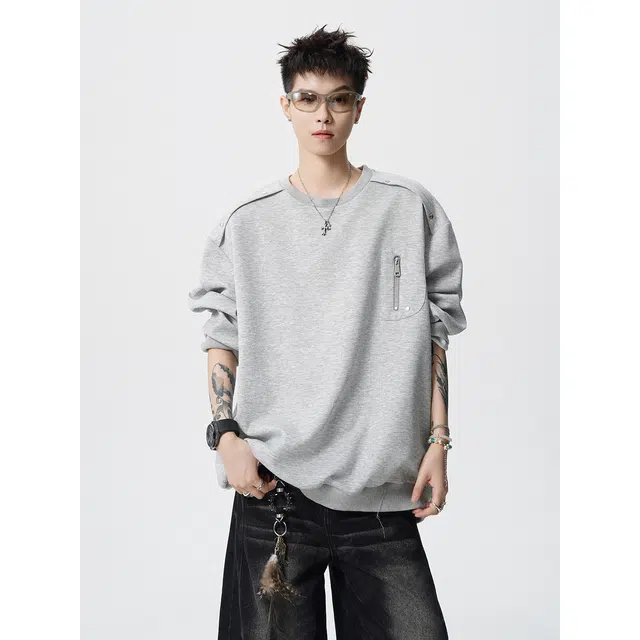 艾梵斯贝 美式复古潮流重磅小众设计款高级感潮酷日常通勤百搭高街风简约时尚宽松休闲潮牌圆领卫衣 男款