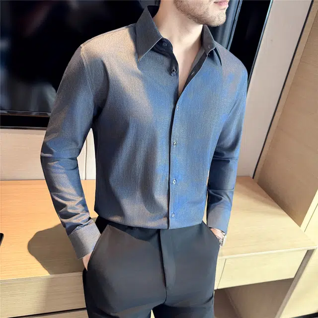 艾梵斯贝 轻奢高级感暗条纹英伦风渐变色衬衣休闲商务百搭帅气成熟免烫修身日常通勤正装长袖尖领衬衫 男款