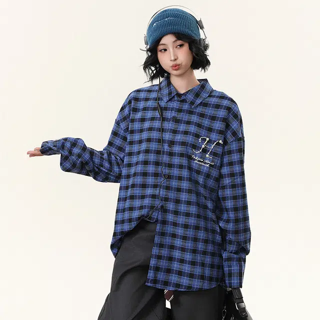 艾梵斯贝 美式复古潮流珍珠挂饰钉珠小众设计感无性别主义高级感潮酷街头高街风时尚简约百搭日常宽松休闲格子衬衫 男女同款