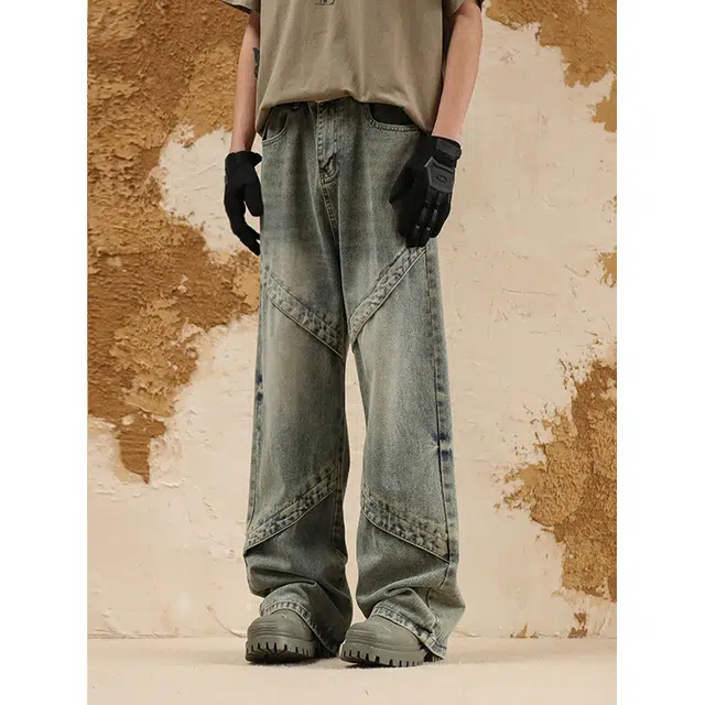 艾梵斯贝 美式复古潮流拼接解构小众设计感无性别日常通勤百搭街舞休闲时尚嘻哈街头高街风个性潮酷拖地直筒牛仔裤 男女同款