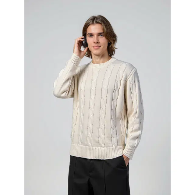 艾梵斯贝 美式复古学院风经典麻花纹高级感纯色柔软亲肤法式慵懒风日常通勤百搭简约内搭打底衫休闲商务质感轻奢圆领毛衣 男款