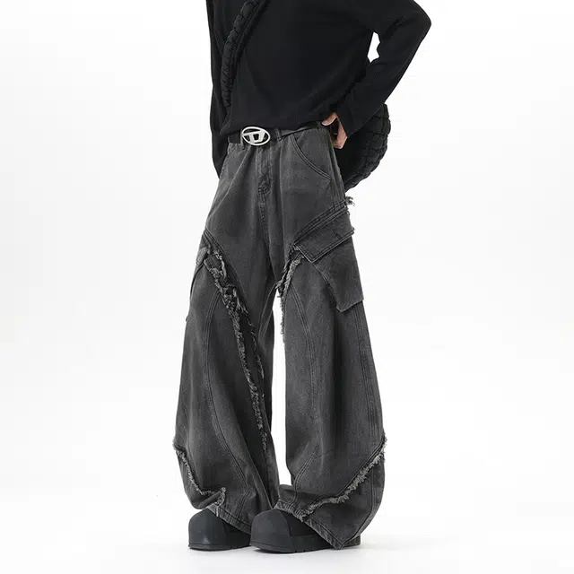 艾梵斯贝 美式复古潮流做旧重工毛边弯刀小众设计款无性别日常通勤百搭宽松休闲时尚高级感个性街头牛仔裤 男女同款