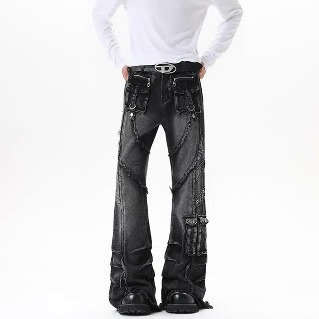 艾梵斯贝 美式复古潮流个性解构拼接水洗褶皱重工小众设计款无性别潮酷高街风日常休闲百搭宽松直筒牛仔裤 男女同款