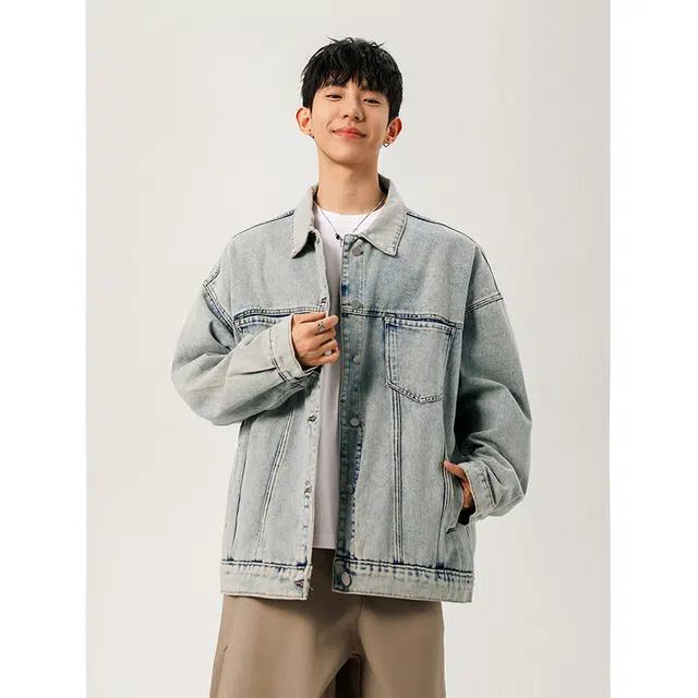 艾梵斯贝 美式复古潮流翻领单排扣经典简约设计水洗工艺廓形法式慵懒风潮酷高街风日常休闲百搭夹克牛仔外套 男女同款