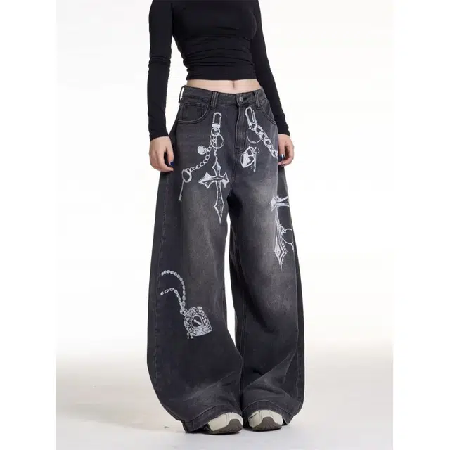 艾梵斯贝 美式复古潮流水洗链条印花小众设计款无性别日常通勤百搭宽松个性时尚高级感高街风垂感休闲牛仔裤 男女同款