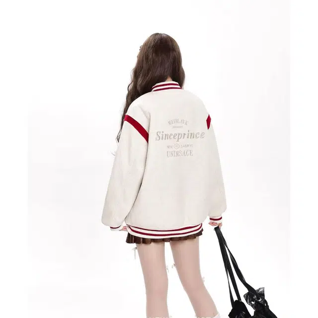 艾梵斯贝 美式复古潮流棒球领撞色字母工装刺绣经典简约设计款无性别主义高街风日常通勤百搭潮酷宽松休闲情侣夹克 男女同款