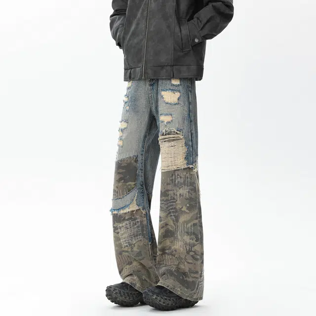 艾梵斯贝 美式复古潮流迷彩拼接破洞做旧重工设计感无性别日常通勤百搭个性街头高街风潮酷宽松休闲直筒高级感牛仔裤 男女同款