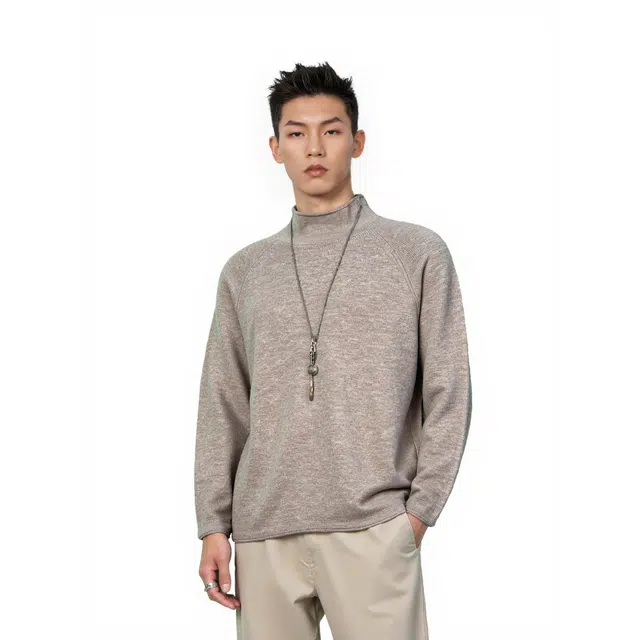 艾梵斯贝 高端轻奢保暖舒适柔软简约设计感半高领老钱风质感成熟青年宽松休闲商务打底衫轻便日常通勤百搭慵懒风套头多色毛衣 男款