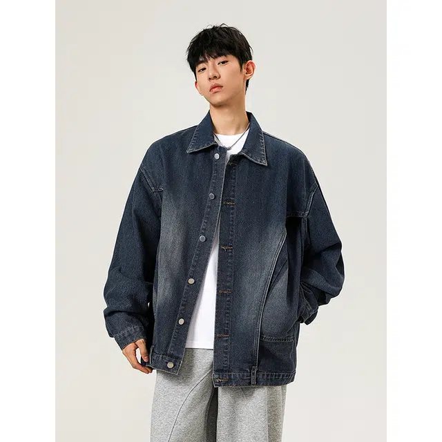 艾梵斯贝 美式复古潮流经典做旧水洗渐变解构拼接小众设计工艺潮酷无性别主义高级感日常通勤百搭宽松休闲情侣牛仔外套 男女同款