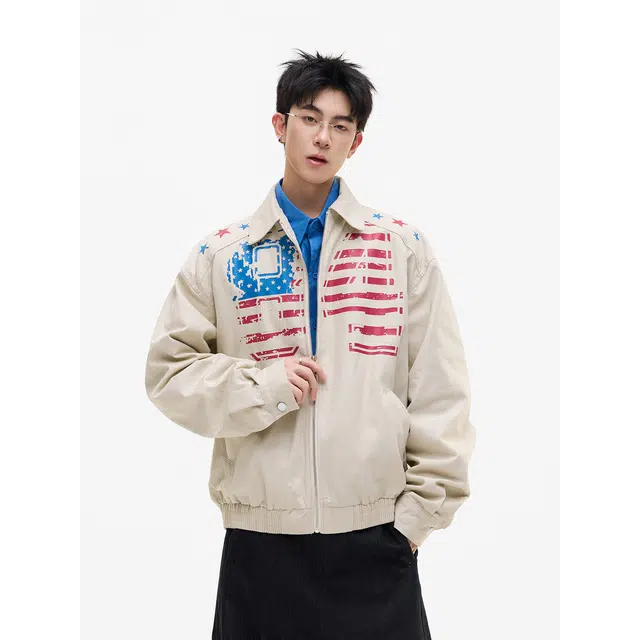 艾梵斯贝 美式复古潮流字母旗帜印花小众设计款无性别日常通勤百搭宽松休闲时尚高级感潮酷个性街头高街风翻领夹克 男女同款