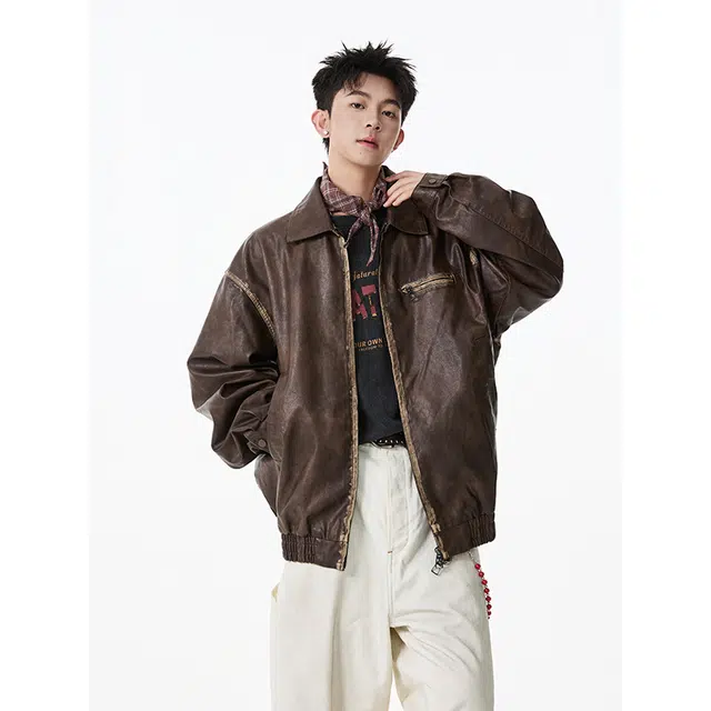艾梵斯贝 美式复古潮流做旧破坏小众设计款高级感日常通勤百搭潮酷简约休闲时尚高街风痞帅质感翻领皮衣夹克 男款