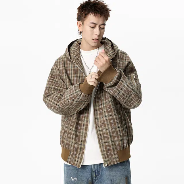艾梵斯贝 美式复古潮流格纹中古简约设计款日常通勤百搭潮酷高级感宽松休闲时尚工装风连帽开衫夹克 男款